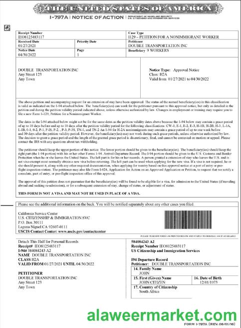 USA Form I-797A, Notice of Action